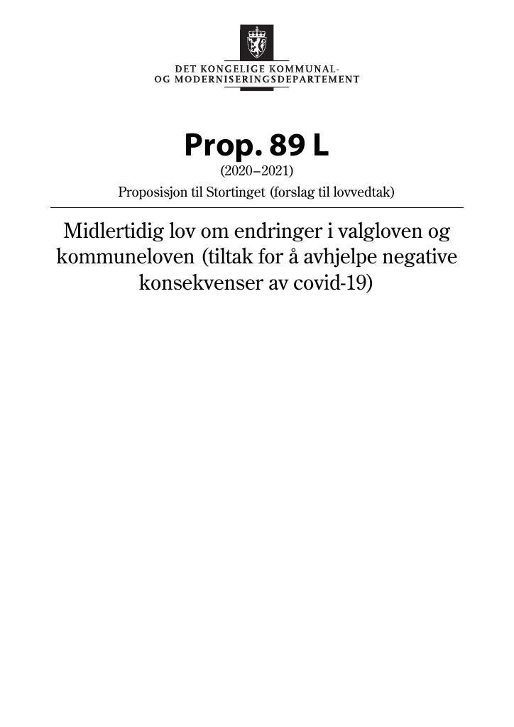 Forsiden av dokumentet Prop. 89 L (2020–2021)