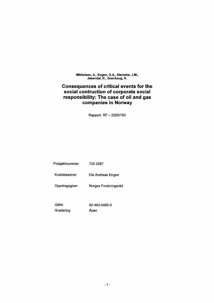 Forsiden av dokumentet Consequenses of critical events for the social construction of corporate social responsibility