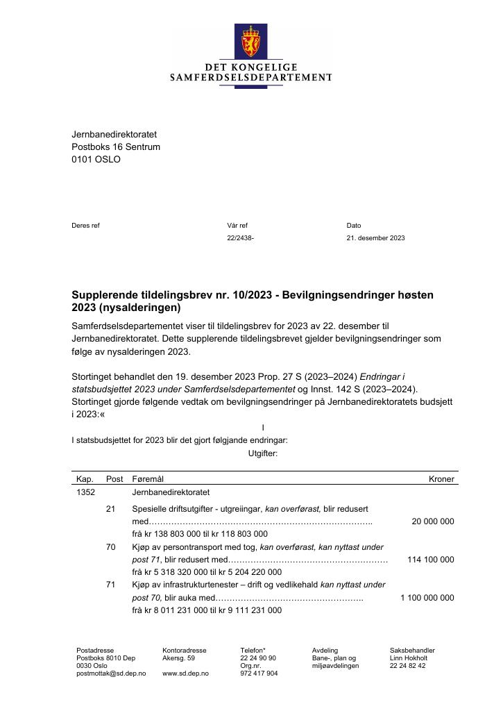 Forsiden av dokumentet Tildelingsbrev Jernbanedirektoratet 2023 - tillegg nr. 10