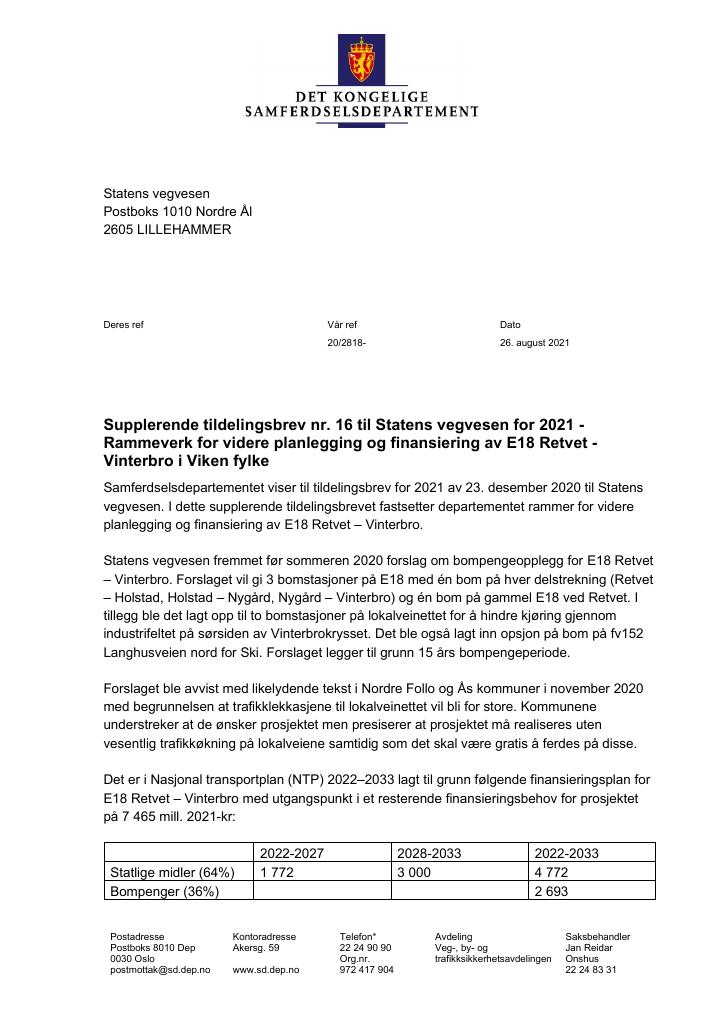 Forsiden av dokumentet Supplerende tildelingsbrev nr. 16 til Statens vegvesen for 2021 -