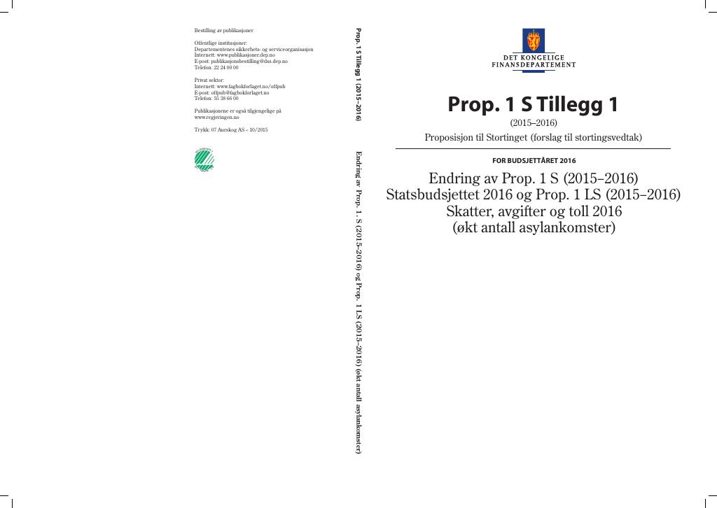 Forsiden av dokumentet Prop. 1 S Tillegg nr. 1 (2015–2016)