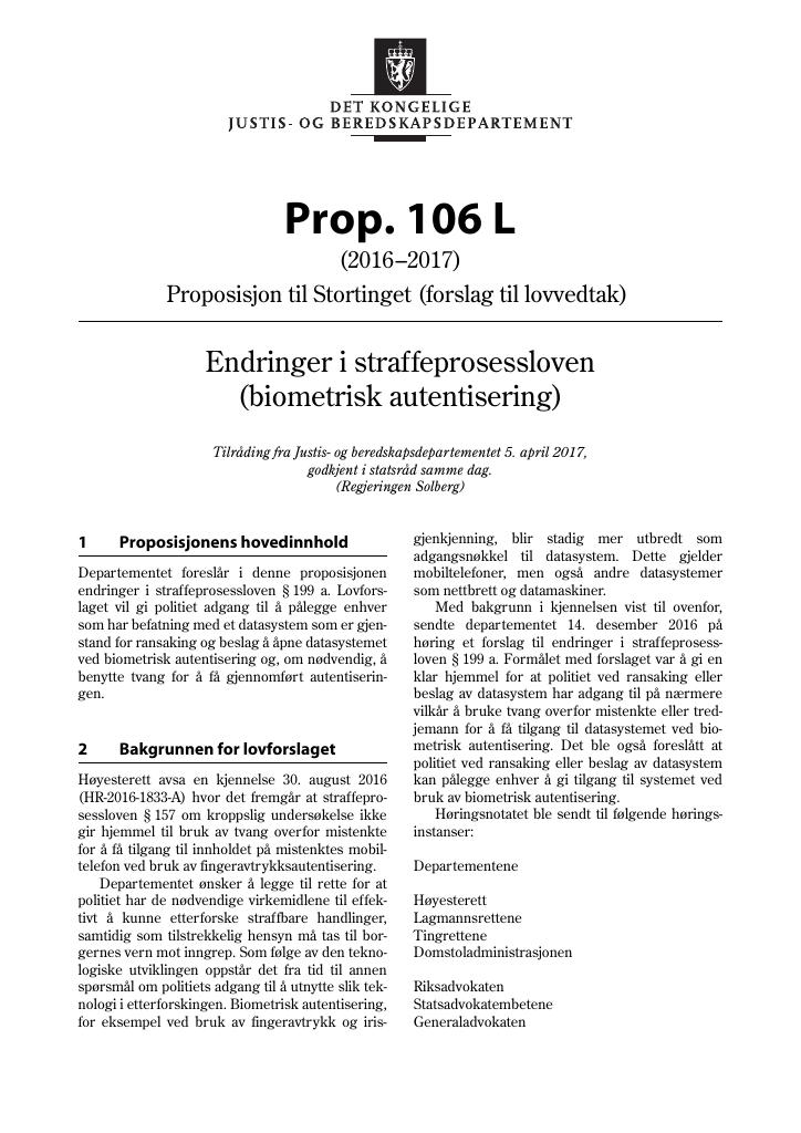 Forsiden av dokumentet Prop. 106 L (2016–2017)