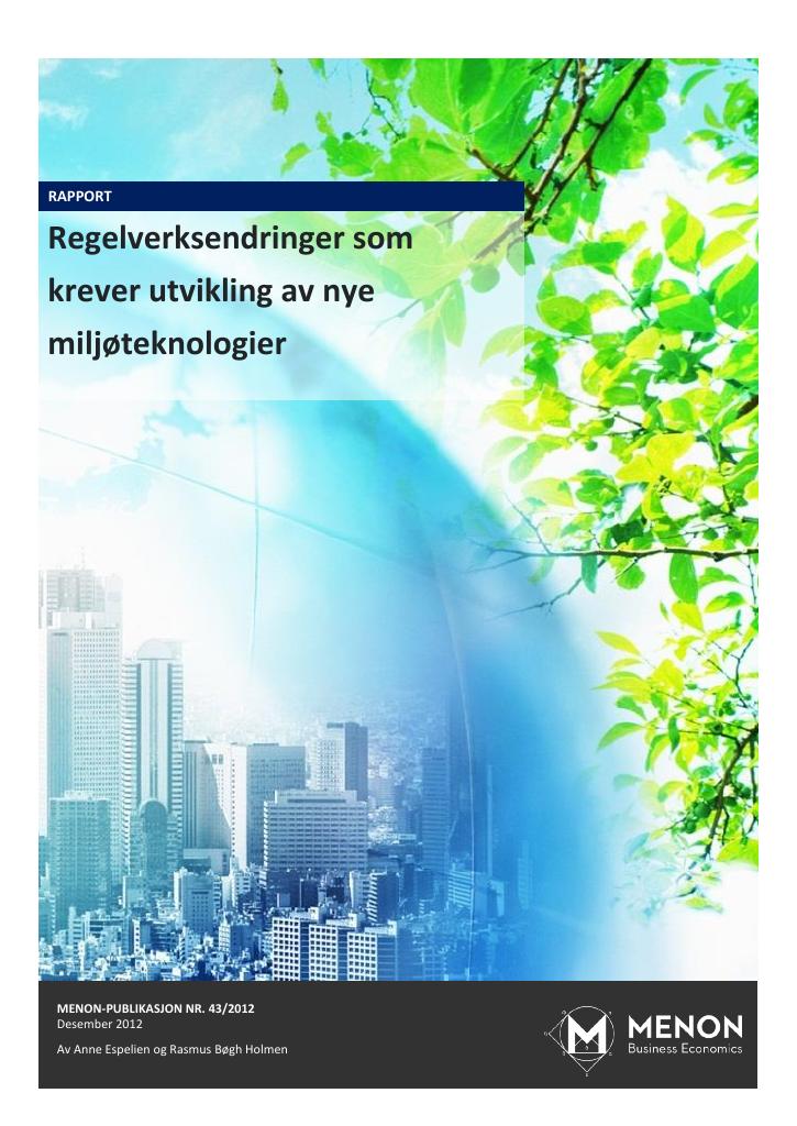 Forsiden av dokumentet Regelverksendringer som krever utvikling av nye miljøteknologier
