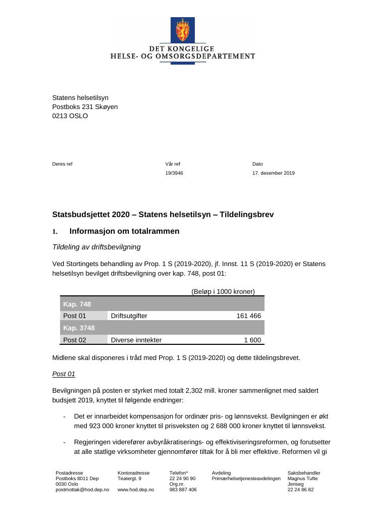 Forsiden av dokumentet Tildelingsbrev Statens helsetilsyn 2020