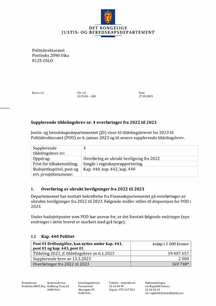 Forsiden av dokumentet Tildelingsbrev Politidirektoratet 2023 - tillegg nr. 4