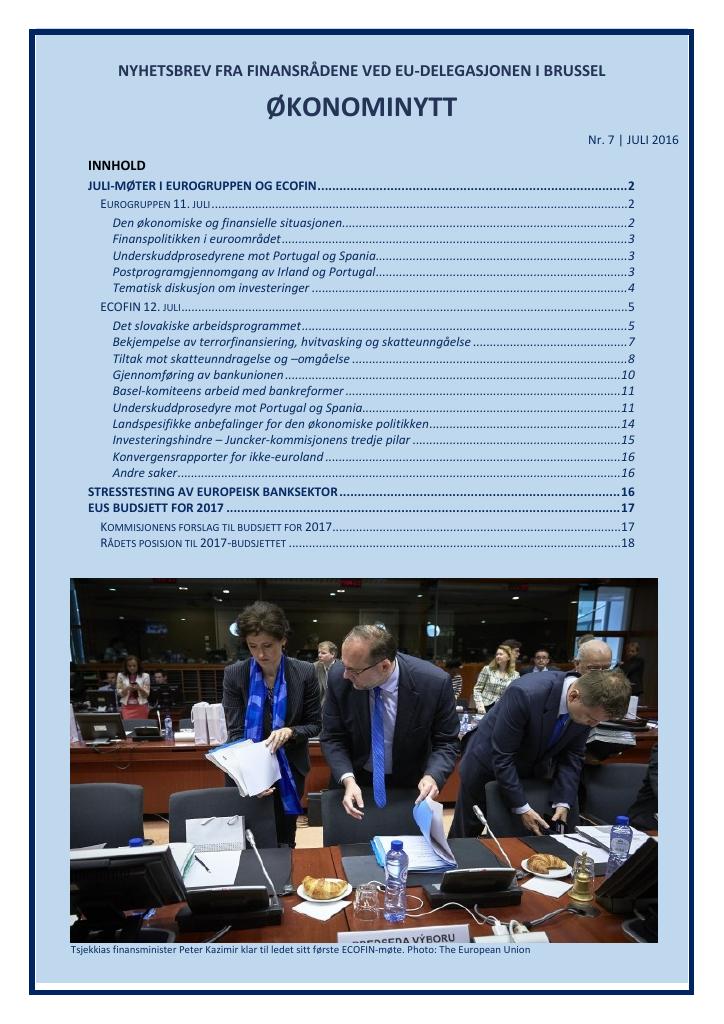 Forsiden av dokumentet Økonominytt fra EU-delegasjonen, august 2016