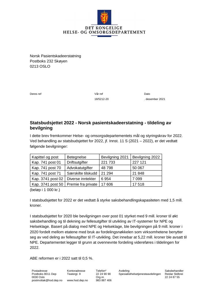 Forsiden av dokumentet Tildelingsbrev Norsk pasientskadeerstatning 2022