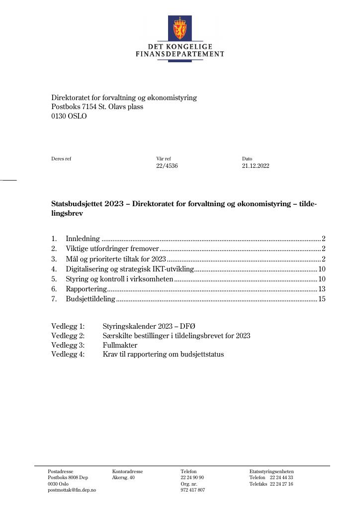 Forsiden av dokumentet Tildelingsbrev DFØ 2023