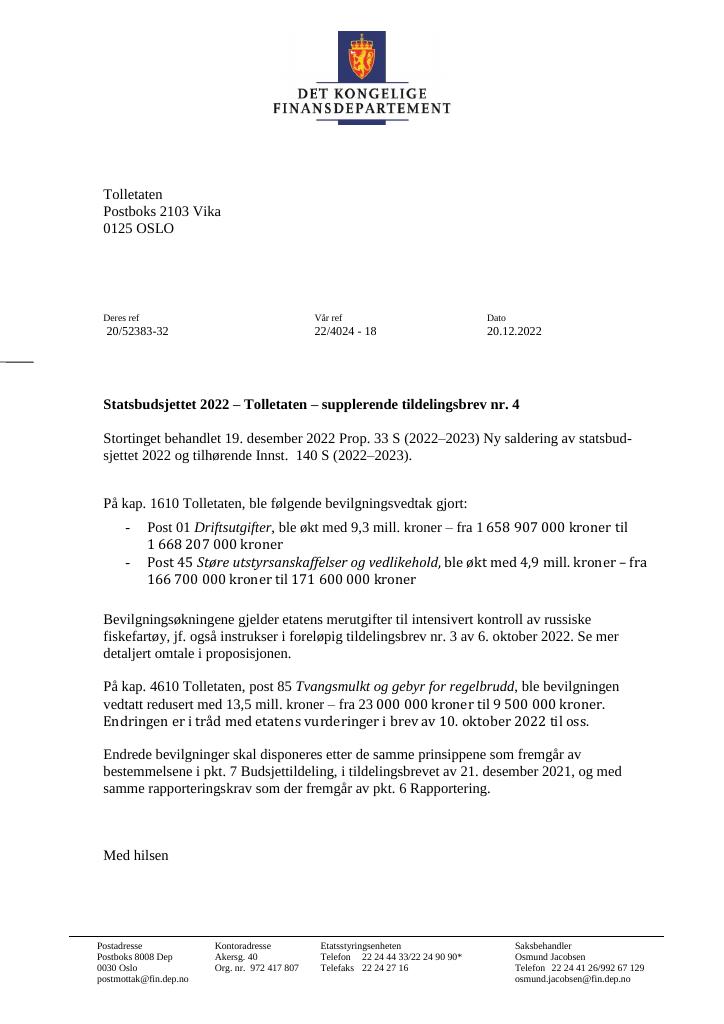 Forsiden av dokumentet Tildelingsbrev Tolletaten 2022 - tillegg nr. 4