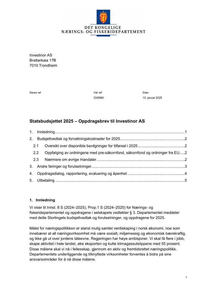 Forsiden av dokumentet Oppdragsbrev Investinor AS 2025