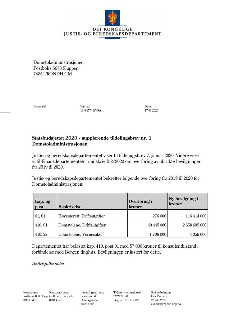 Forsiden av dokumentet Tildelingsbrev Domstoladministrasjonen 2020 - tillegg nr. 1