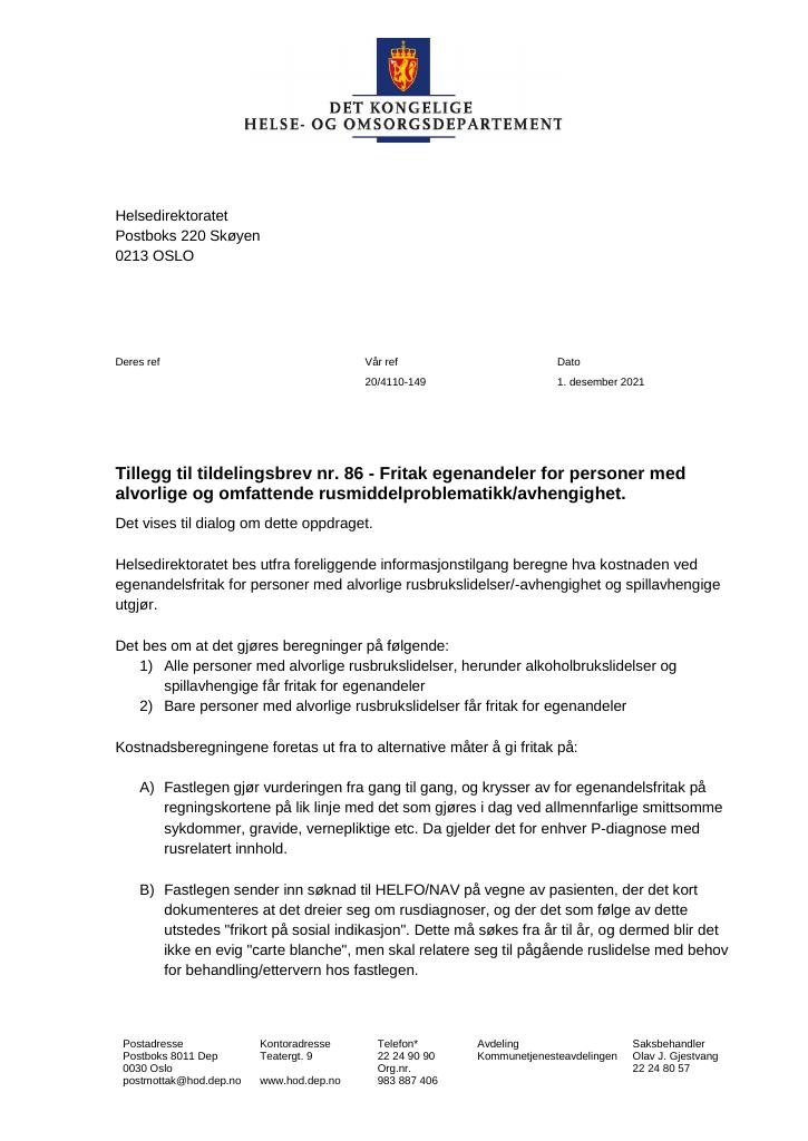 Forsiden av dokumentet Tildelingsbrev Helsedirektoratet 2021 - tillegg nr. 86