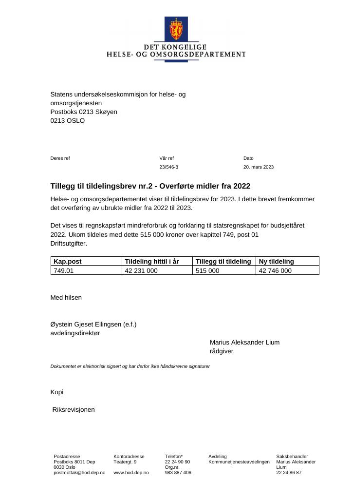 Forsiden av dokumentet Tildelingsbrev Statens undersøkelseskommisjon for helse- og omsorgstjenesten (Ukom) 2023 - supplerende 2