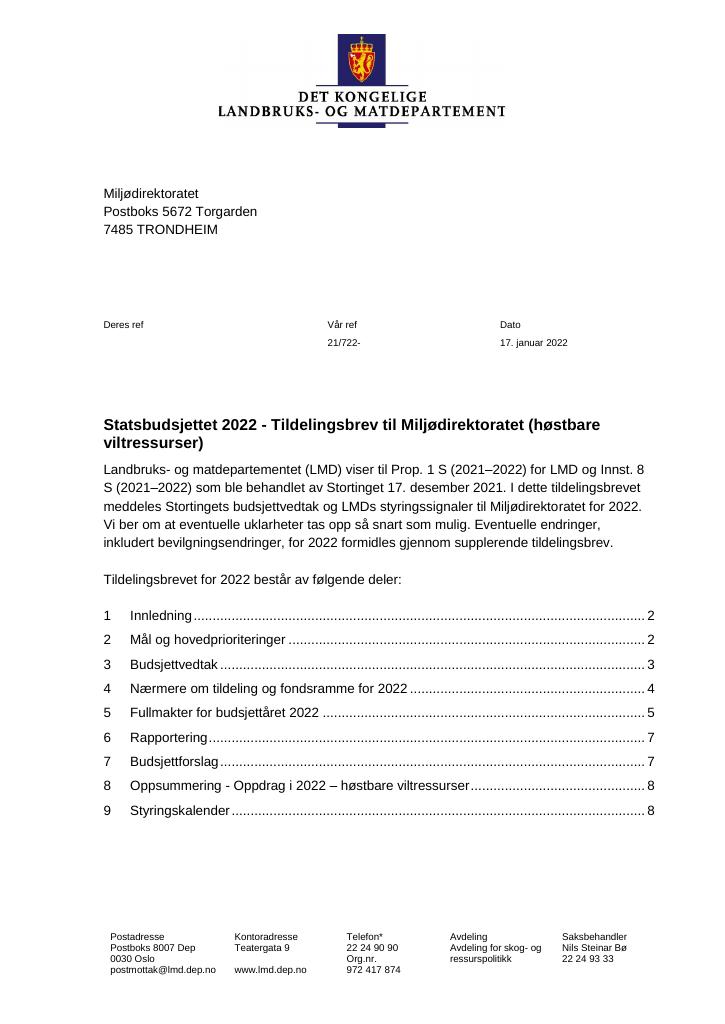 Forsiden av dokumentet Tildelingsbrev Miljødirektoratet (Høstbare viltressurser) 2022