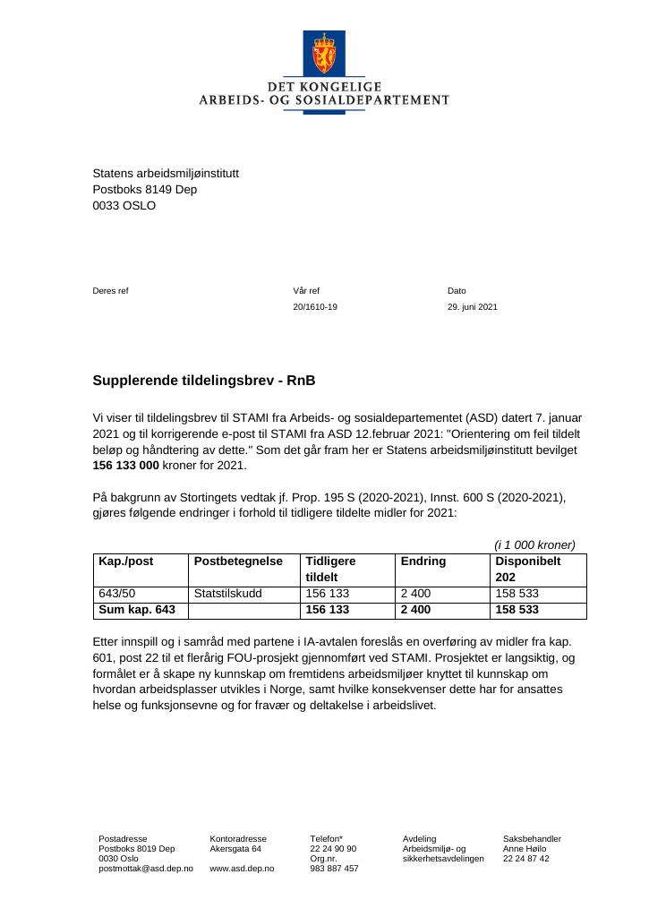 Tildelingsbrev Statens Arbeidsmiljøinstitutt 2021 - Tillegg - Kudos