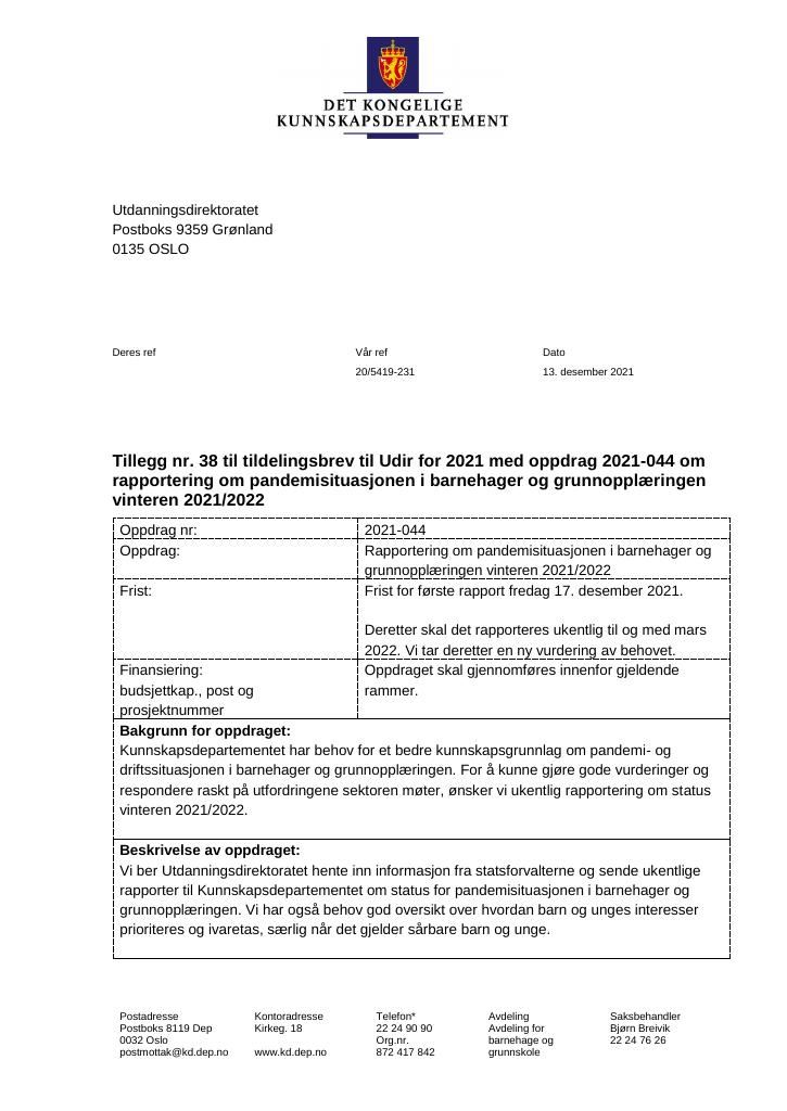 Forsiden av dokumentet Tildelingsbrev Utdanningsdirektoratet 2021 - tillegg nr. 38