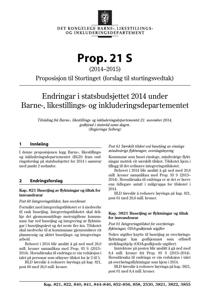 Forsiden av dokumentet Prop. 21 S (2014–2015)