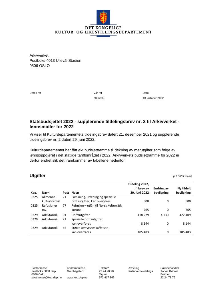 Forsiden av dokumentet Tildelingsbrev Arkivverket 2022 - tillegg nr. 3