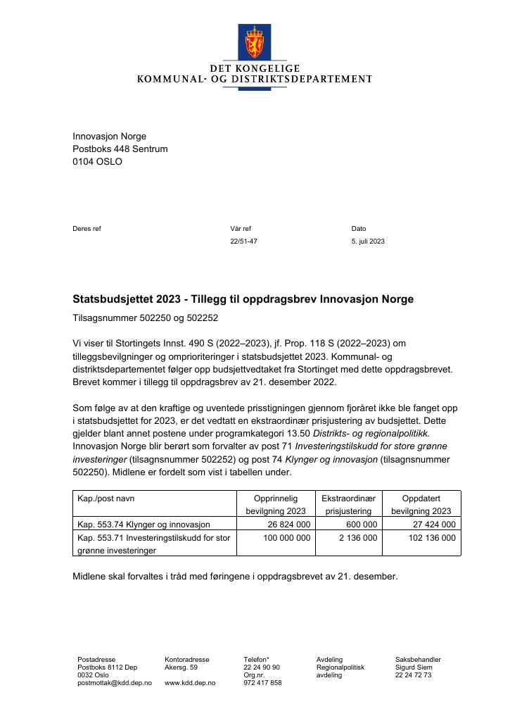 Forsiden av dokumentet tillegg 1 til oppdragsbrev (pdf) 2023