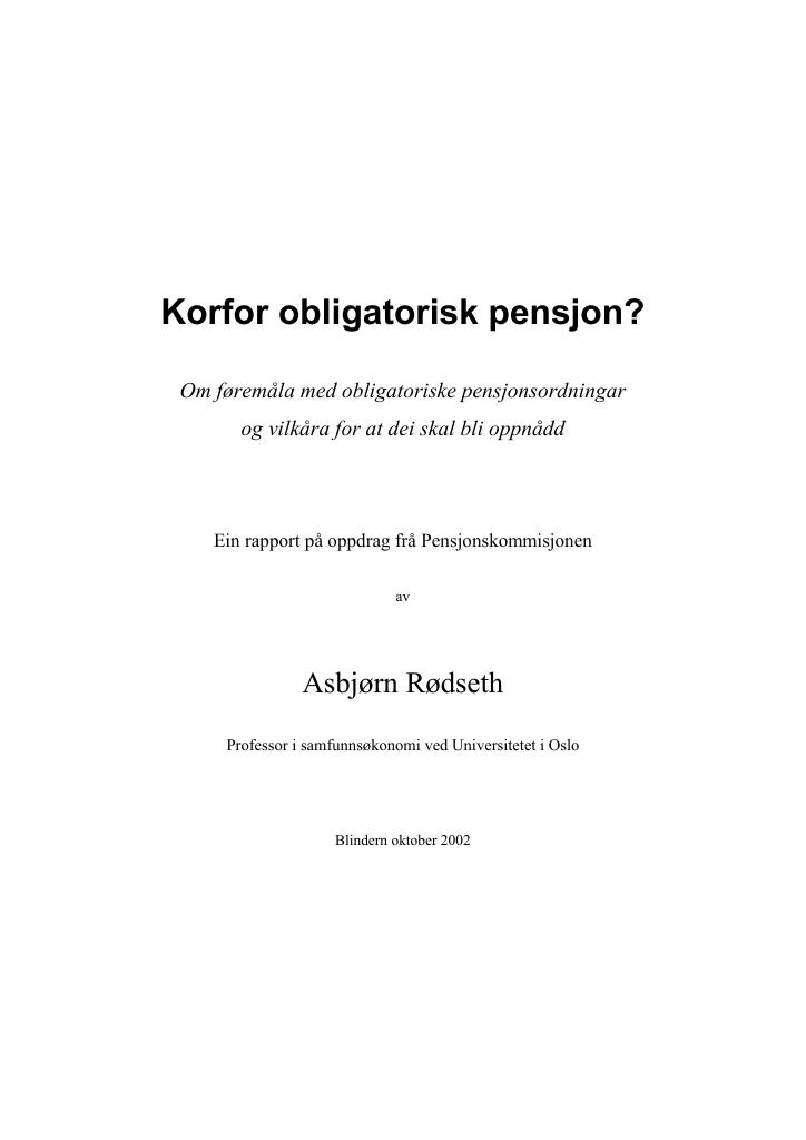 Forsiden av dokumentet Korfor obligatorisk pensjon?