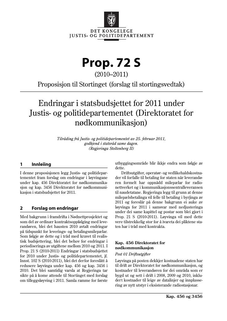 Forsiden av dokumentet Prop. 72 S (2010–2011)