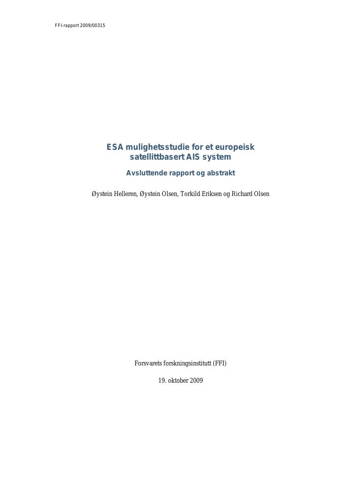 Forsiden av dokumentet ESA mulighetsstudie for et europeisk satellittbasert AIS system - avsluttende rapport og abstrakt