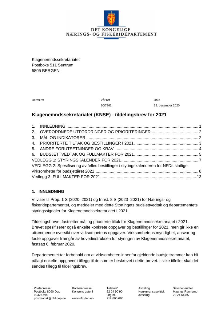 Forsiden av dokumentet Tildelingsbrev Klagenemndssekretariatet 2021