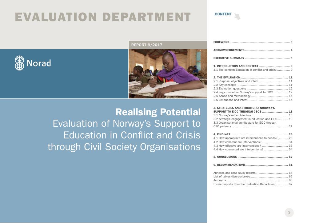 Forsiden av dokumentet Realising Potential: Evaluation of Norway’s Support to Education in Conflict and Crisis through Civil Society Organisations