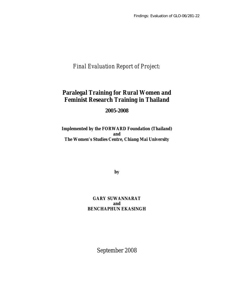 Forsiden av dokumentet Paralegal Training for Rural Women and Feminist Research Training in Thailand 2006-2008