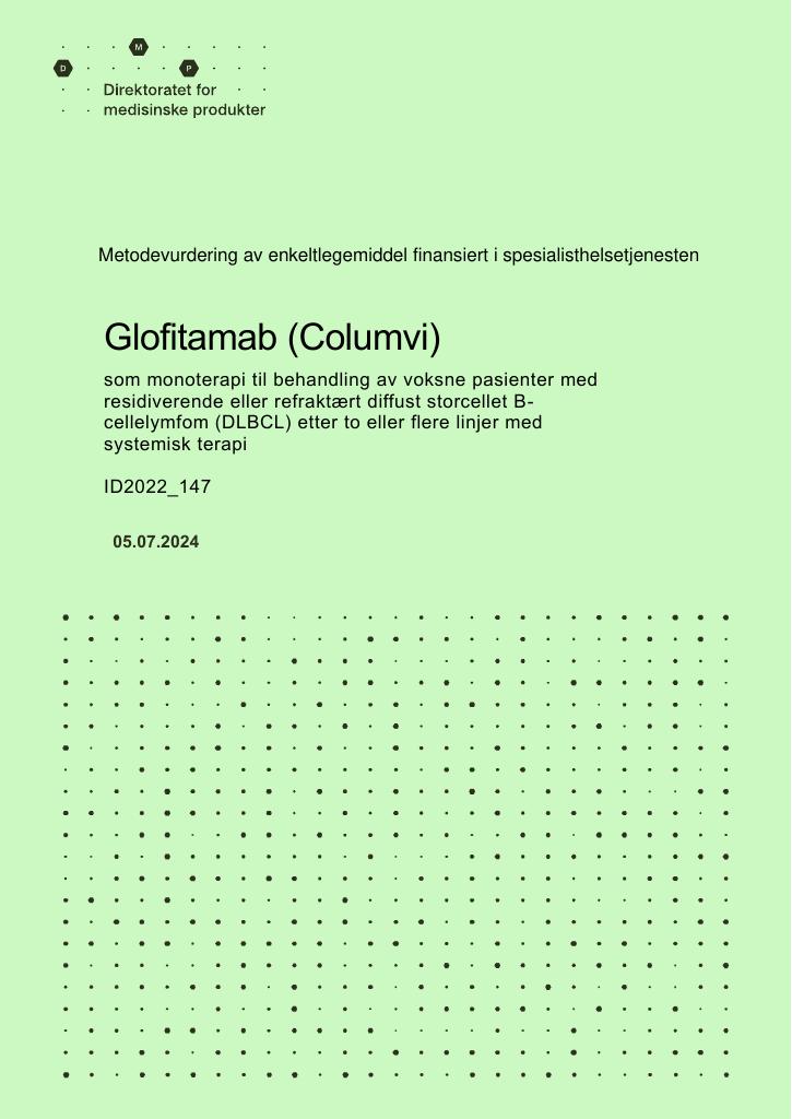 Forsiden av dokumentet Glofitamab (Columvi) som monoterapi til behandling av voksne pasienter med residiverende eller refraktært diffust storcellet Bcellelymfom (DLBCL) etter to eller flere linjer med systemisk terapi