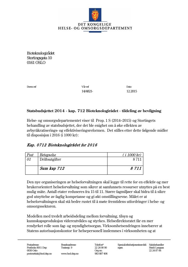 Forsiden av dokumentet Tildelingsbrev (pdf)