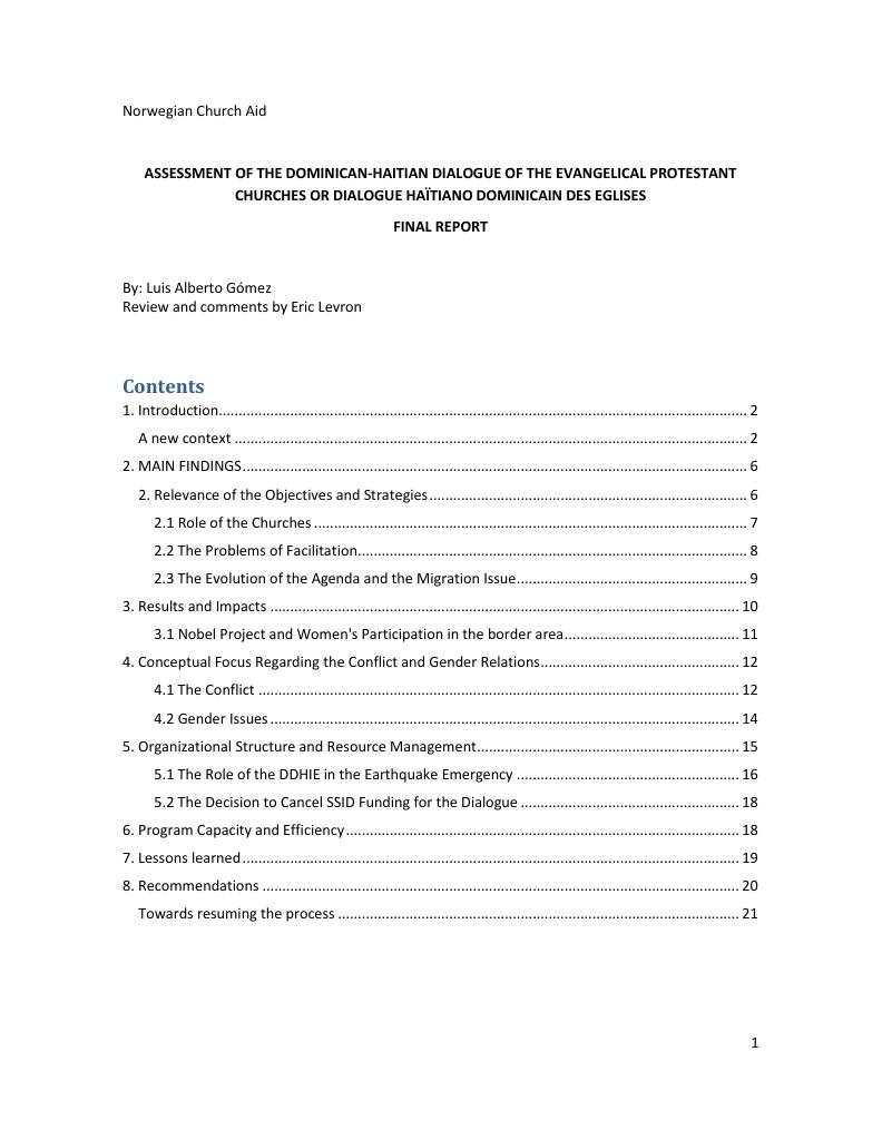 Forsiden av dokumentet Assessment of the Dominican-Haitian dialogue of the Evangelical Protetant Churches