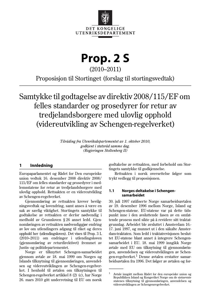 Forsiden av dokumentet Prop. 2 S (2010–2011)