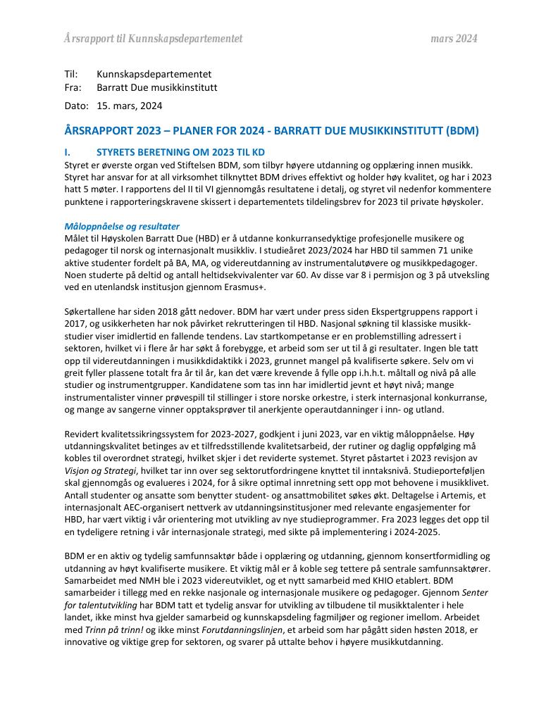 Forsiden av dokumentet Årsrapport Barratt Due Musikkinstitutt 2023
