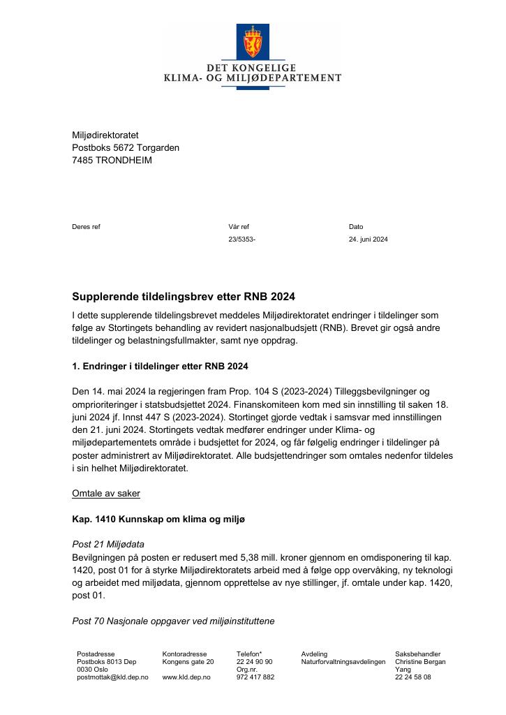 Forsiden av dokumentet Supplerende tildelingsbrev 24.06.2024