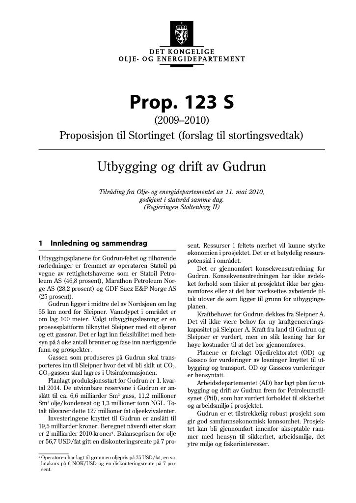 Forsiden av dokumentet Prop. 123 S (2009-2010)