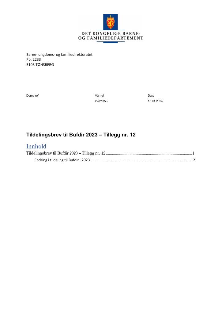 Forsiden av dokumentet Tildelingsbrev Bufdir 2023 - tillegg nr. 12