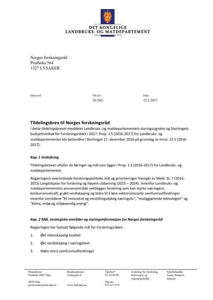 Forsiden av dokumentet Tildelingsbrev (PDF)