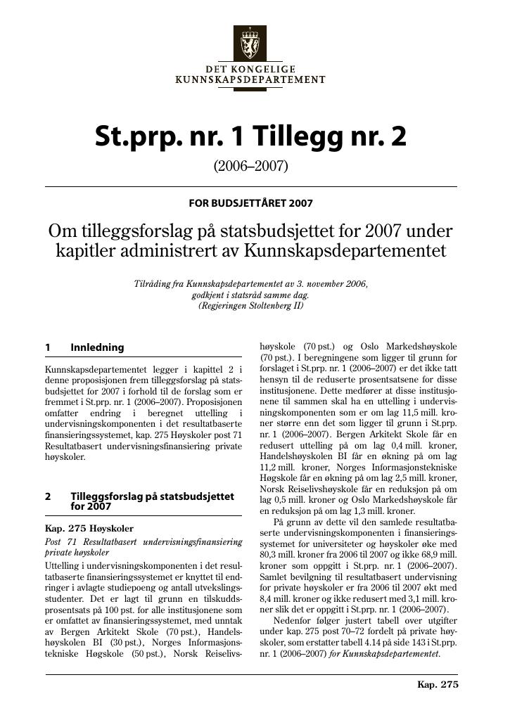 Forsiden av dokumentet St.prp nr. 1 Tillegg nr. 2 (2006-2007)