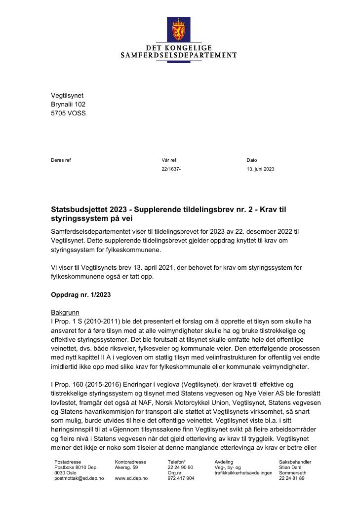 Forsiden av dokumentet Tildelingsbrev Vegtilsynet 2023 - tillegg nr. 2