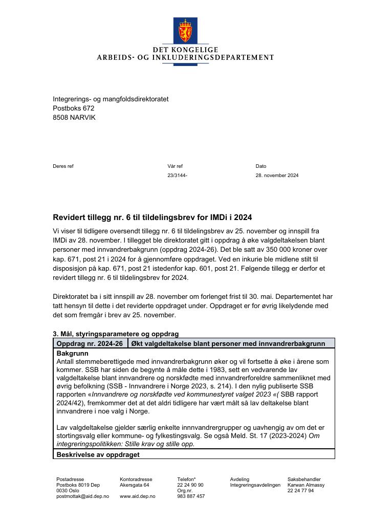 Forsiden av dokumentet Tildelingsbrev Integrerings- og mangfoldsdirektoratet (IMDi) 2024 - tillegg nr. 6