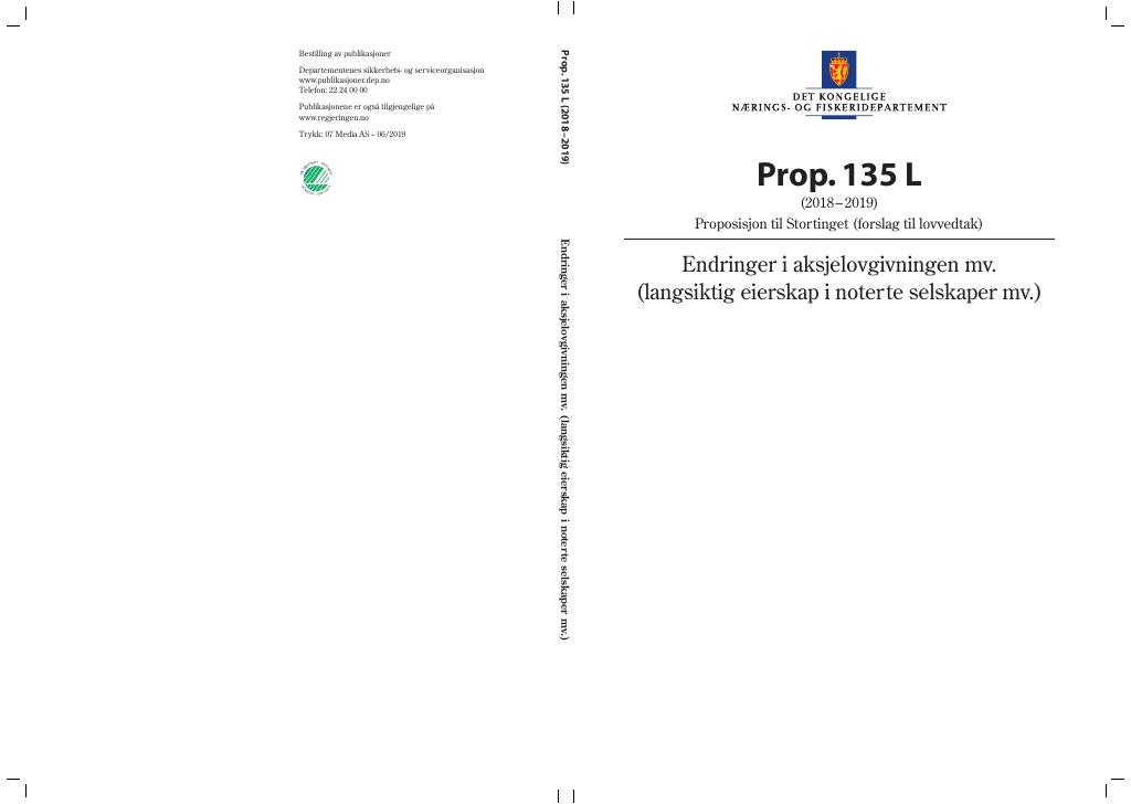 Forsiden av dokumentet Prop. 135 L (2018–2019)