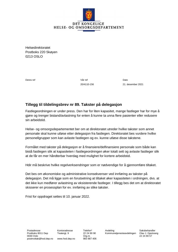 Forsiden av dokumentet Tildelingsbrev Helsedirektoratet 2021 - tillegg nr. 89
