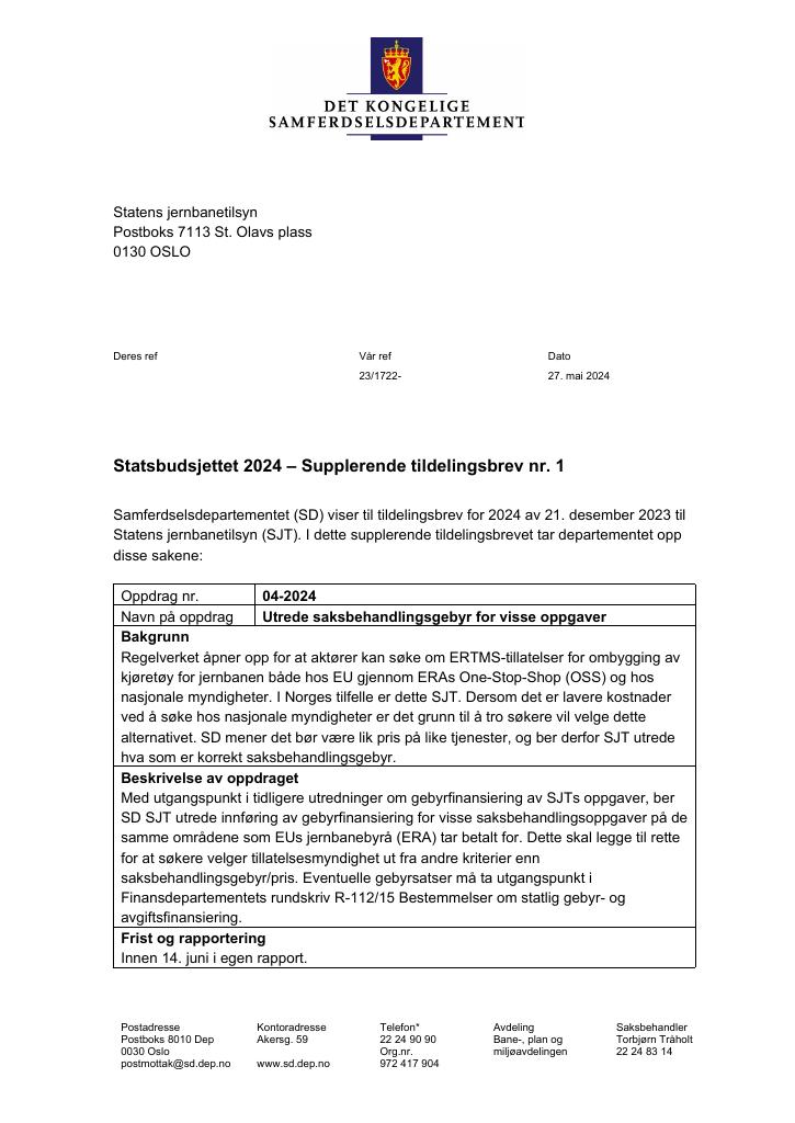 Forsiden av dokumentet Tildelingsbrev Statens jernbanetilsyn 2024 - tillegg nr. 1