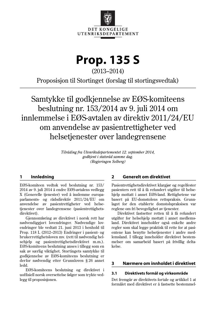 Forsiden av dokumentet Prop. 135 S  (2013–2014)