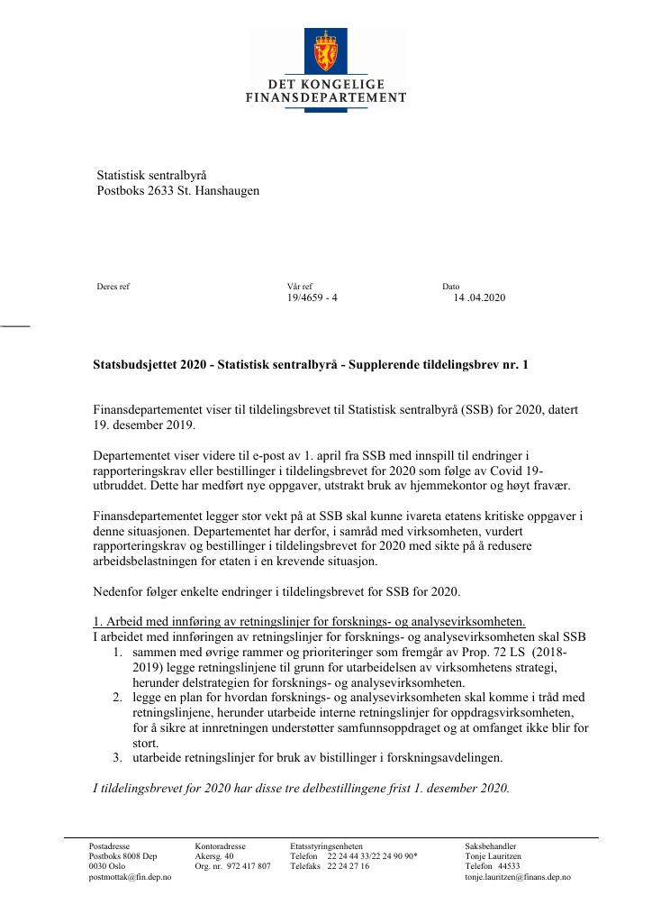 Forsiden av dokumentet Supplerende tildelingsbrev Statistisk sentralbyrå 2020 - nr. 1