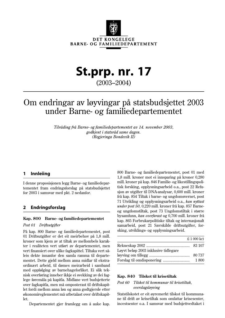 Forsiden av dokumentet St.prp. nr. 17 (2003-2004)