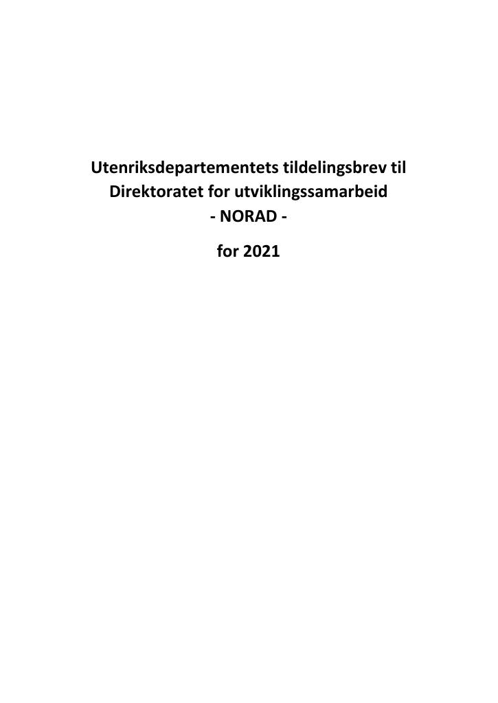 Forsiden av dokumentet Tildelingsbrev NORAD 2021