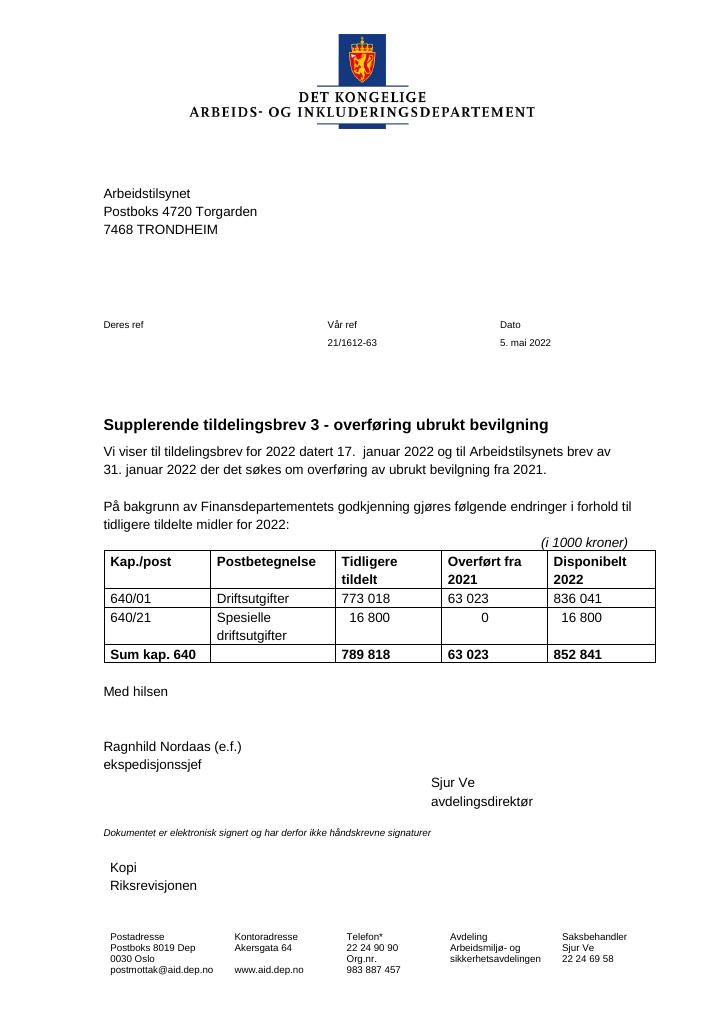 Forsiden av dokumentet Tildelingsbrev Arbeidstilsynet 2022- tillegg nr. 3