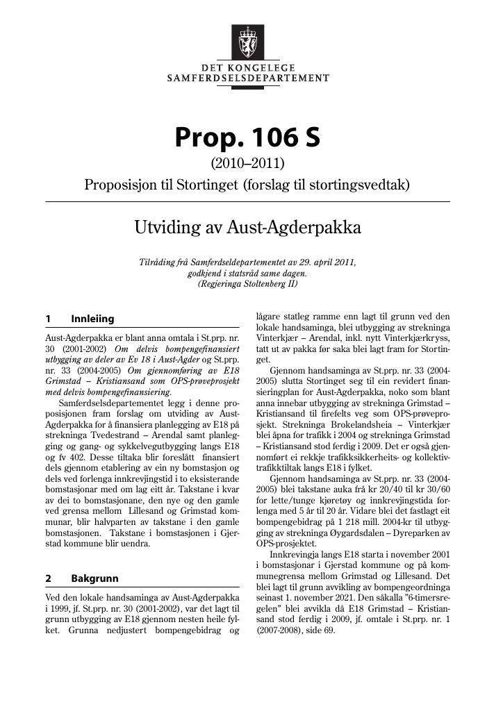 Forsiden av dokumentet Prop. 106 S (2010–2011)